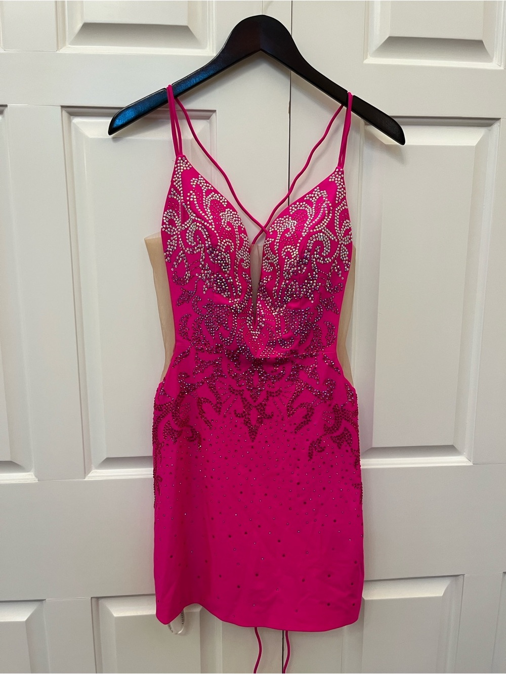 Beaded Hot Pink Mini Dress with Spaghetti Straps - Gipper Prom - Picture 1 of 4